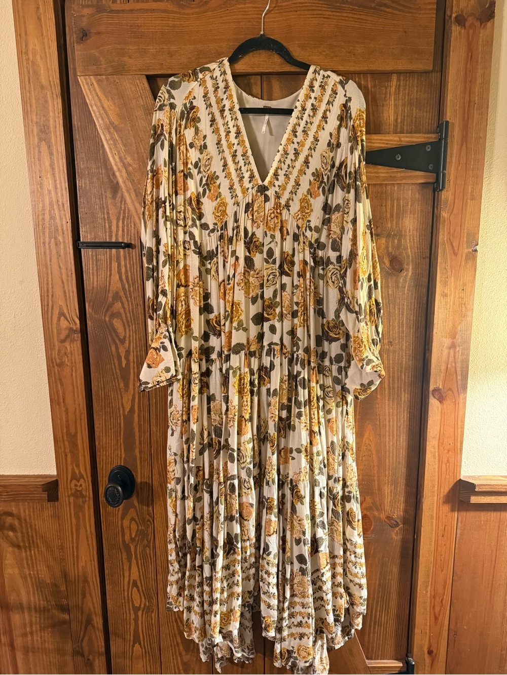 Free People Floral V-Neck Tiered Midi Dress in Cream and Mustard